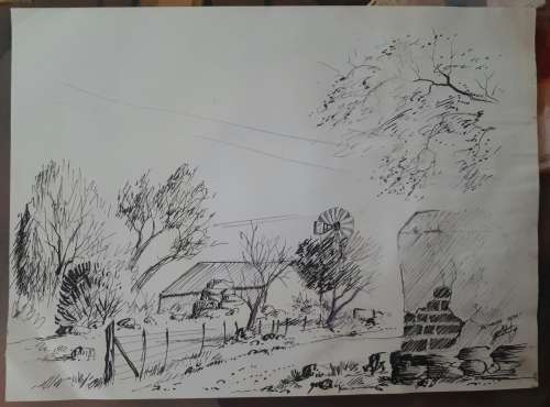 VAN RENSBURG original ink sketch of Bethanie (Free State)