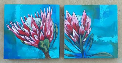 2x Original oil paintings of a King Protea by LIZAME COETZEE