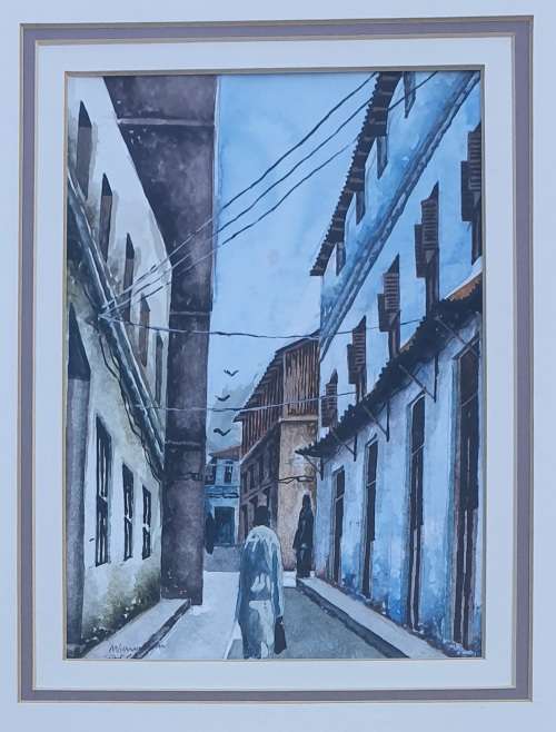 Original framed watercolour painting of a street scene