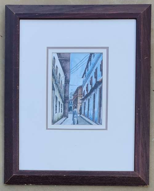 Original framed watercolour painting of a street scene