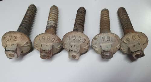 5 Vintage SAR railway steel sleeper bolts as per photo