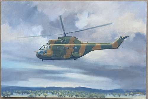 Original oil painting of an Aerospatiale SA 330 PUMA by Ernest Rood
