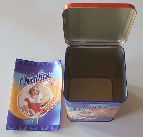 Ovaltine tin with recipe pamphlet as per photos