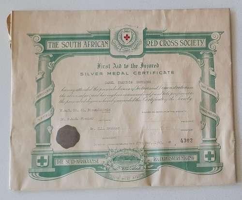 Vintage 1943 Red Cross silver medal certificate as per photos