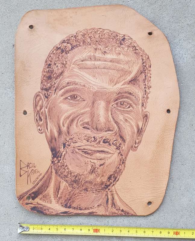 Original `brandskilder` painting by BAZIL KRIEL on leather as per photo