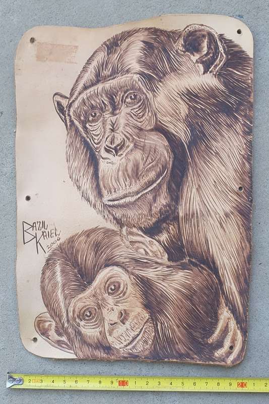 Original `brandskilder` painting by BAZIL KRIEL on leather as per photo
