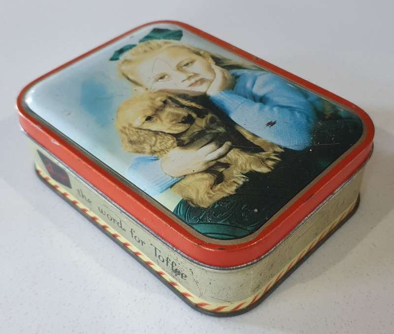 Vintage SHARPS toffee tin with  image of a girl and dog as per photos