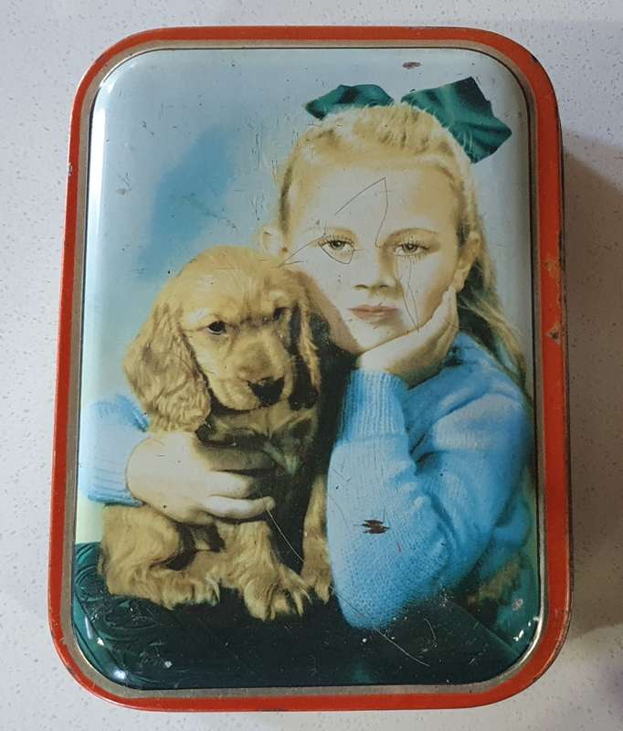 Vintage SHARPS toffee tin with  image of a girl and dog as per photos