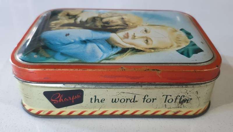 Vintage SHARPS toffee tin with  image of a girl and dog as per photos