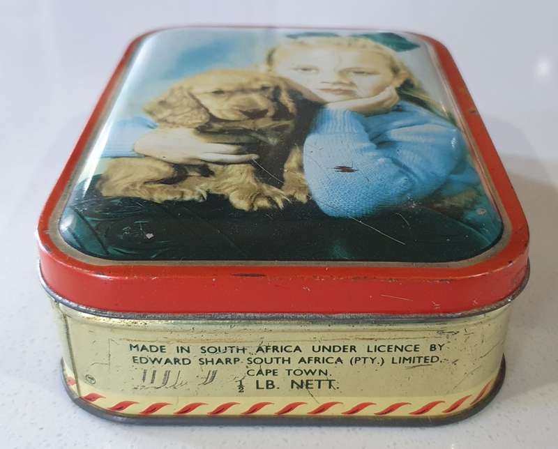 Vintage SHARPS toffee tin with  image of a girl and dog as per photos