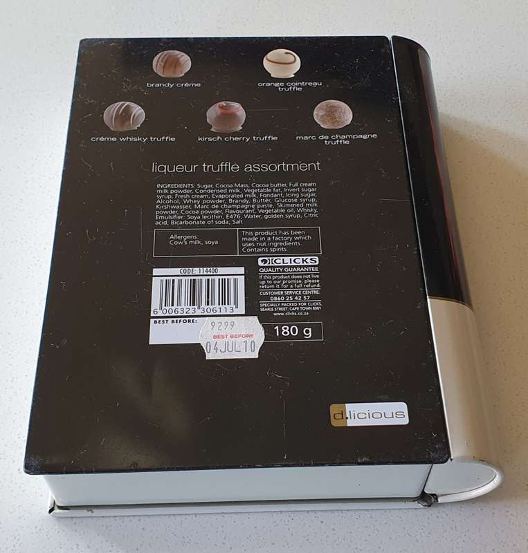 D.licious liqueuer truffle book tin as per photos
