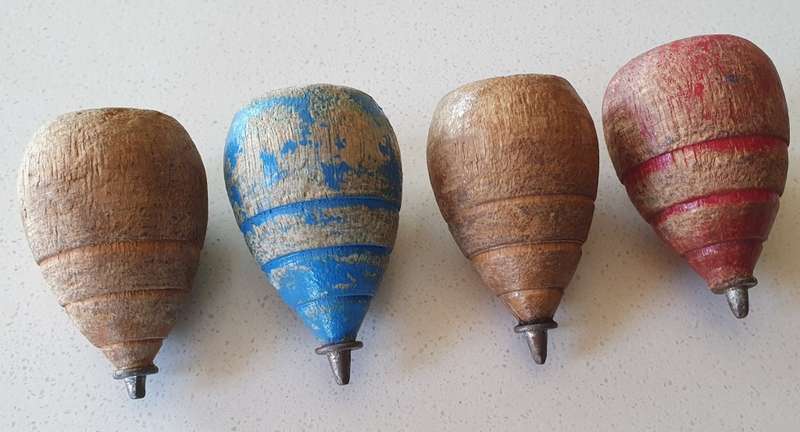 4 Vintage wooden spinning tops as per photos