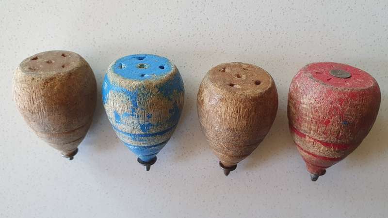4 Vintage wooden spinning tops as per photos