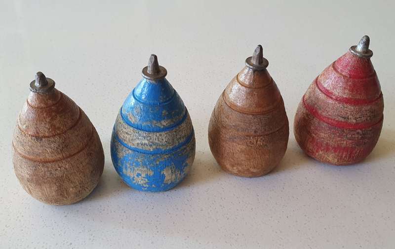 4 Vintage wooden spinning tops as per photos