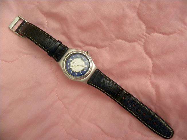 Irony Swatch Watch for women, blue leather strap, water resistant