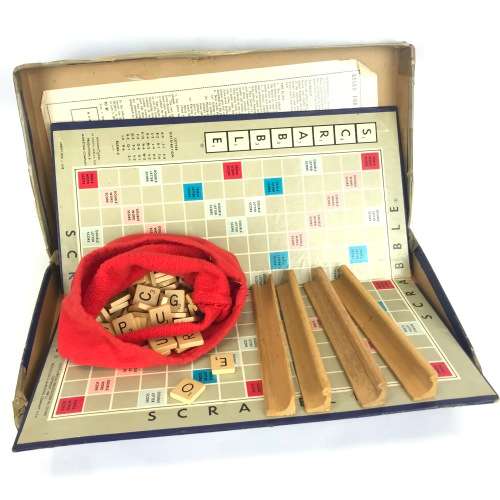 Vintage Scrabble boardgame from the late 50's or early 60's, with wooden letter pieces