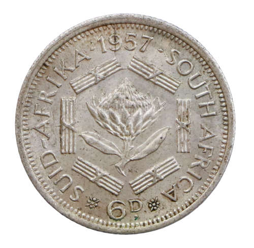 1957 South Africa 6 Pence - die crack through "9"