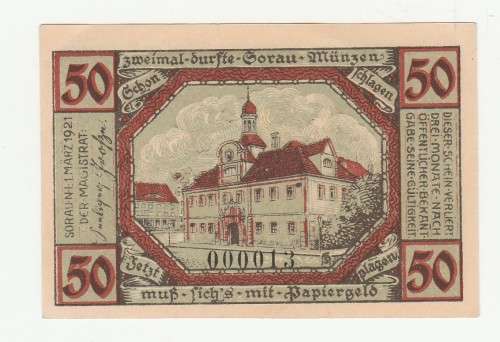 1921 German 50 Pfennig Stadt Sorau, Low Serial `000013`
