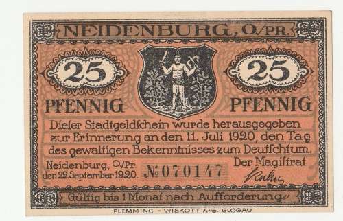 1920 German Neidenburg 25 Pfennig