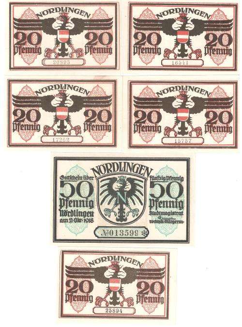 1918 German Set of 6 Nordlingen 20 and 50 Pfennig