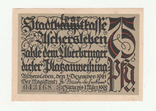 1922 German 75 Pfennig Stadt Bestehornstraft