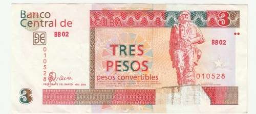 2006 Cuba 3 Peso Convertible, Circulated, Low Serial `010 528`