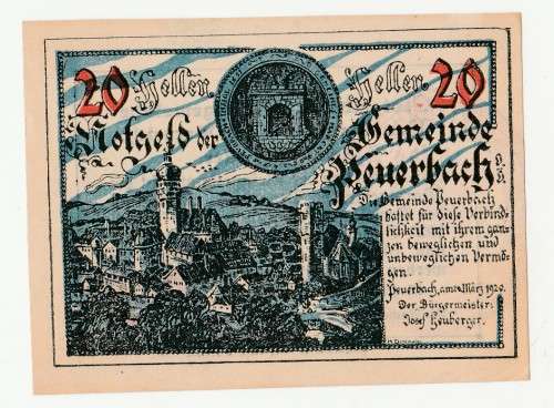 1920 Austria Stadt Peuerbach 20 Heller, Stamped and signed by Mayor Joseph on the reverse