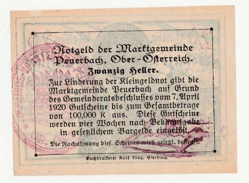 1920 Austria Stadt Peuerbach 20 Heller, Stamped and signed by Mayor Joseph on the reverse