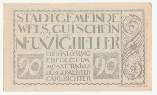 1921 Austria Stadt Wels 90 Heller
