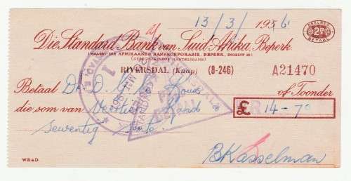 1961 Standard Bank of South Africa £/R14-70 Cheque, Nice £ to Rand transitional piece