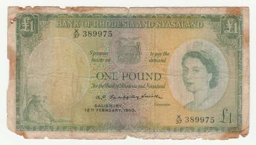 1960 Rhodesia and Nyasaland Salisbury 1 Pound X37 Issue (edge tears/folds)