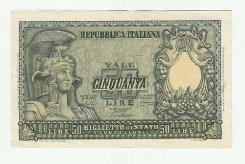 1951 Republic of Italy Biglietto State 50 Lire, centre fold and minor edge tear