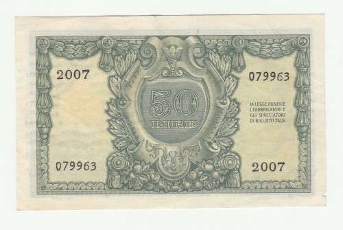 1951 Republic of Italy Biglietto State 50 Lire, centre fold and minor edge tear