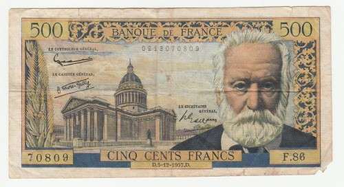 1957 Republic of France 500 Francs, Type B, Signatures: G. Gouin, R. Favre and P Gargam #P133