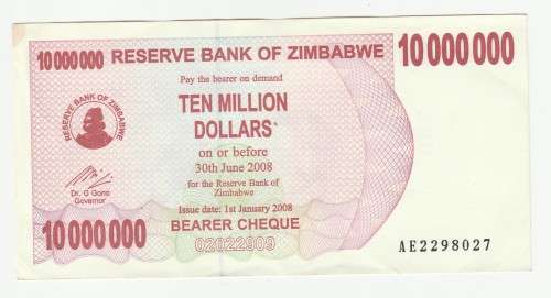 2008 Zimbabwe Emergency Bearer Checks, Second Dollar (ZWN) 10 Million Dollars