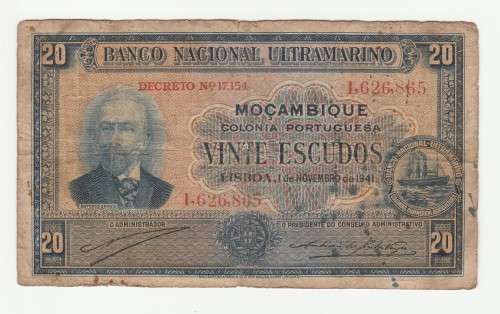 1941 Mozambique 20 Escudos, 2 pinholes