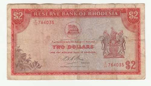 1975 Rhodesia $2, Signature 1 -Dr. D.C. Krogh, Pick #31i (multiple edge tears)