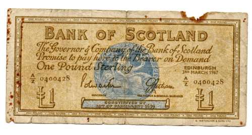 1967 Bank of Scotland 1 Pound, Pick#105b, top edge damage
