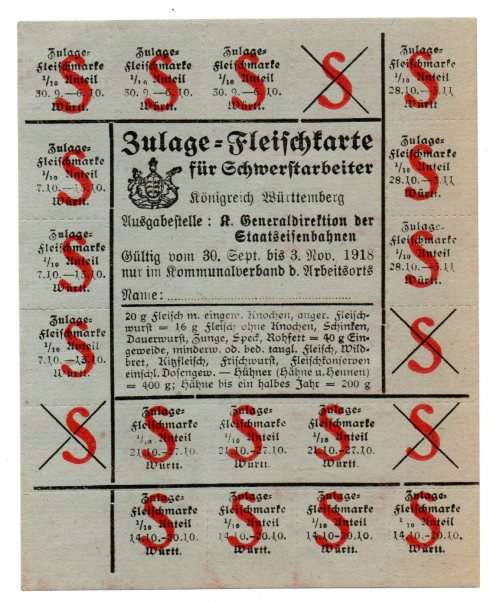 1918 German Kingdom of Wuerttemburg Meat Ration Coupon sheet - Unissued