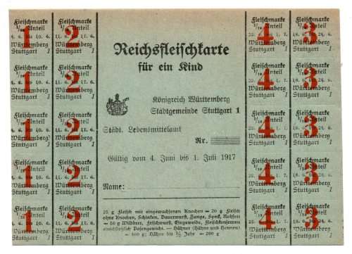1917 German Kingdom of Wuerttemburg Meat Ration Coupon sheet for Children - Unissued