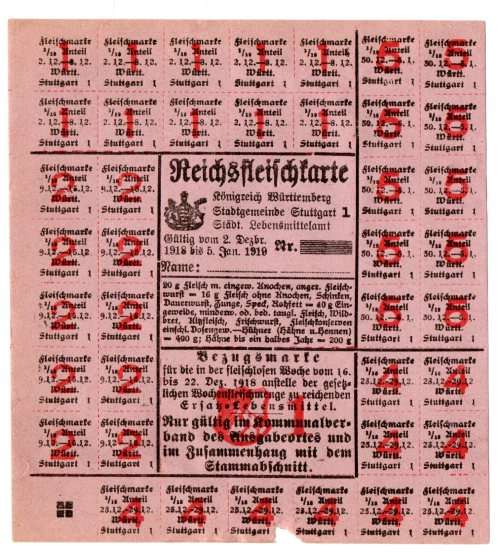1919 German Municipality of Stuttgart Meat Ration Coupon sheet - Unissued, bottom edge tear