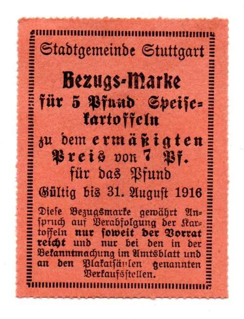 1916 German Municipality of Stuttgart 5 Pounds of Potatoes Ration Coupon