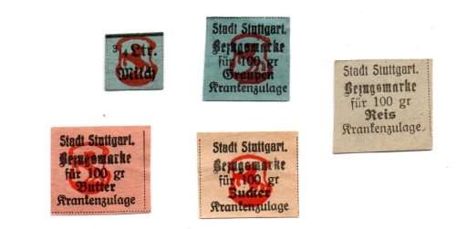 Lot of 5 x 1916-18 German Municipality of Stuttgart Butter/Rice etc Ration Coupons
