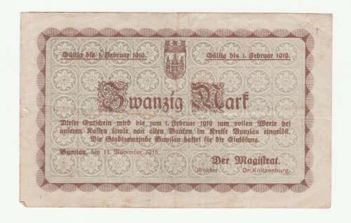 1919 German Bunzlau Stadt 20 Mark serial 000768
