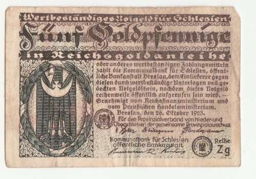 1923 German Breslau Provincial 5 Gold Pfennig
