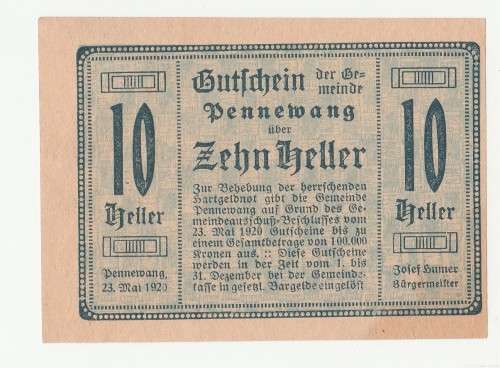 Error 1920 Austria Pennewang O.Ö. Gemeinde 10 Heller - Off centre cut