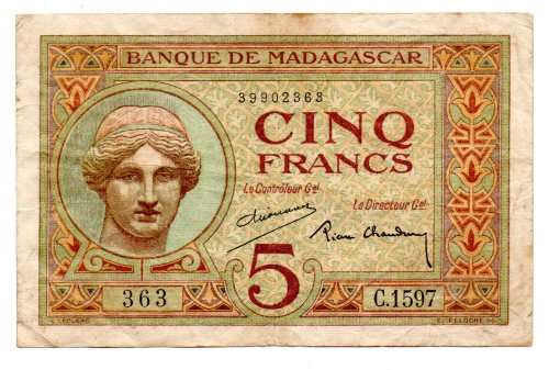 1937 Madagascar 5 Francs, Pick#35