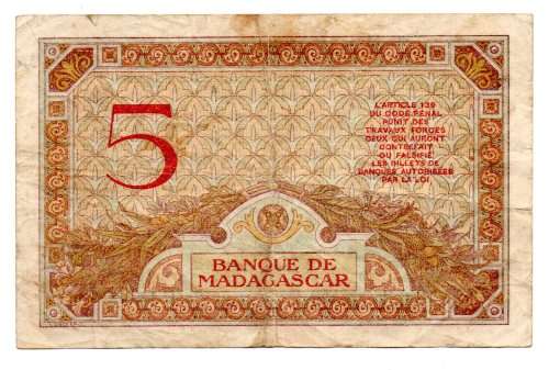 1937 Madagascar 5 Francs, Pick#35