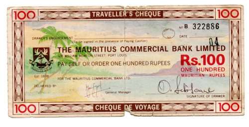 The Mauritius Commercial Bank Limited 100 Rupee Travellers Cheque