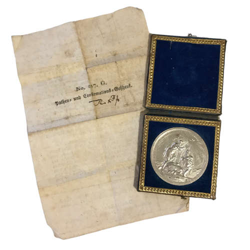 1875 German Baptism Medallion with Box and certificate